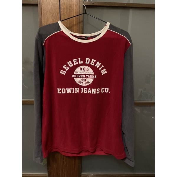 （二手)Edwin紅衣灰袖長袖短絨T恤L