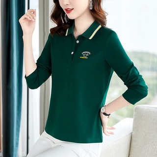 Polo 春秋季長袖印花t恤 女薄款中年媽媽裝POLO翻領休閑寬松顯瘦上衣女