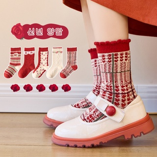 5雙裝兒童襪子 印花條紋棉襪 春秋喜慶紅色中筒襪 公主襪 聖誕新年襪 寶寶襪子 【IU貝嬰屋】