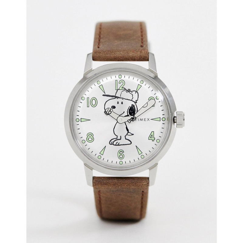 TIMEX x SNOOPY 40mm 史努比聯名 咖啡色皮革錶帶手錶