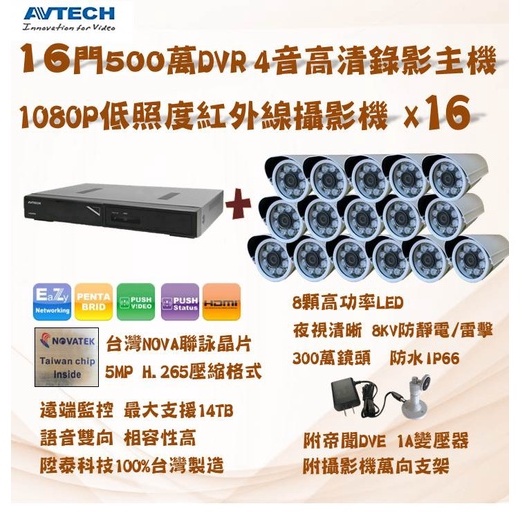 陞泰16門DGD1009AV-U1『聯詠晶片』500萬高清錄影主機(同軸帶音)+16支昇銳1080P高清攝影機(含稅)