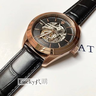 Lucky代購瑪莎手錶 自動機械錶 玫瑰金框黑色皮帶錶 時尚休閒男錶 大錶盤R8821112001