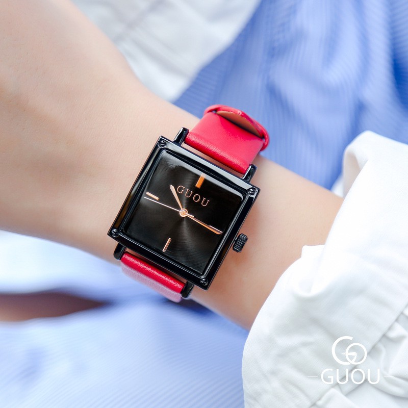 guou 8096 古歐 女士真皮方形手錶個性百搭簡約風防水石英表時尚潮人手錶