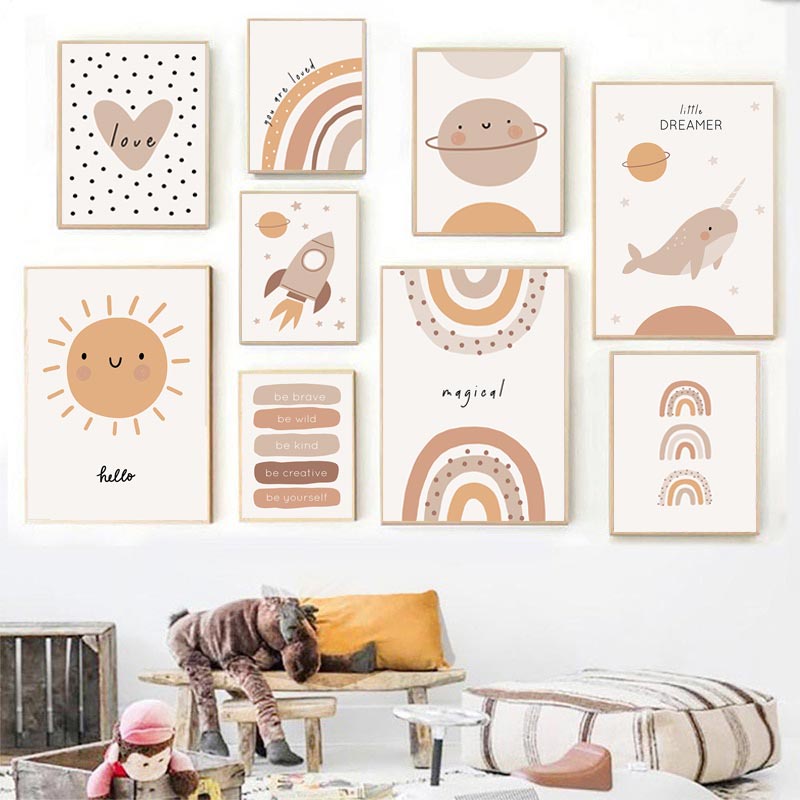 波西米亞風兒童海報太陽愛彩虹鯨牆藝術帆布畫嬰兒房裝飾兒童房裝飾