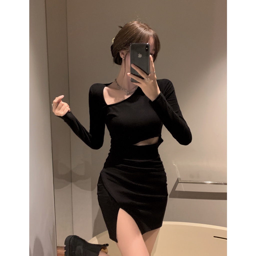fashion11】純欲性感辣妹連身包臀裙女斜領連身裙洋裝長袖連身裙設計感露腰性感打底甜辣妹裙子開叉包臀裙|