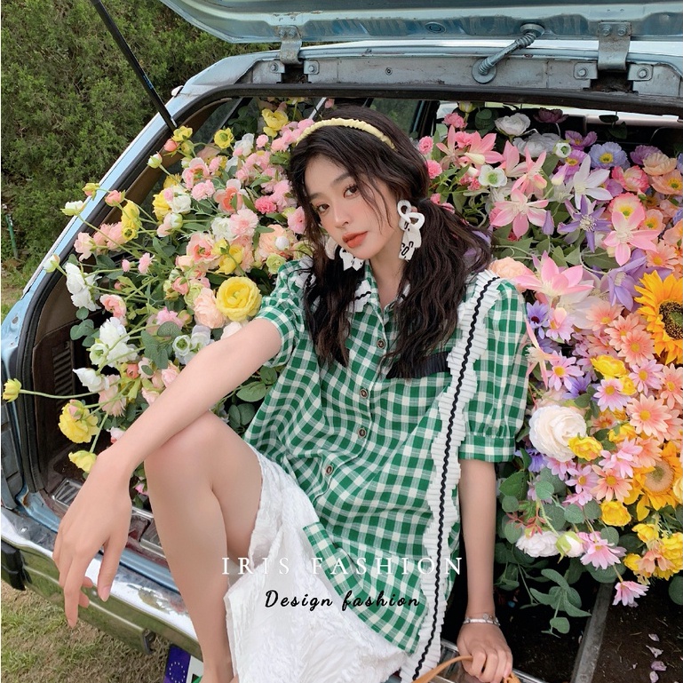 IRIS BOUTIQUE 泰國小眾設計 ISA009英格潮流女士短袖格紋綠色襯衫上衣夏天正品保證