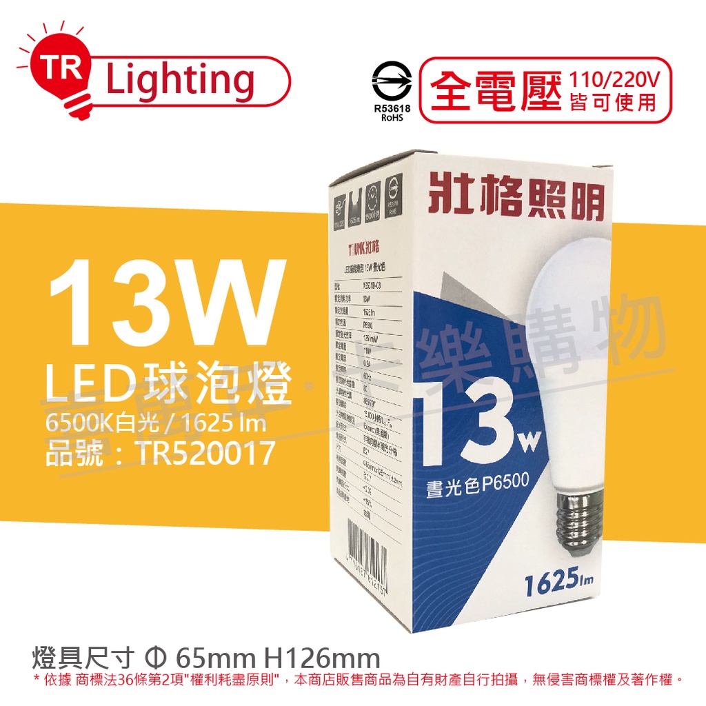 [喜萬年]含稅 TRUNK壯格 LED 13W 6500K 白光 E27 全電壓 球泡燈 台灣製_TR520017