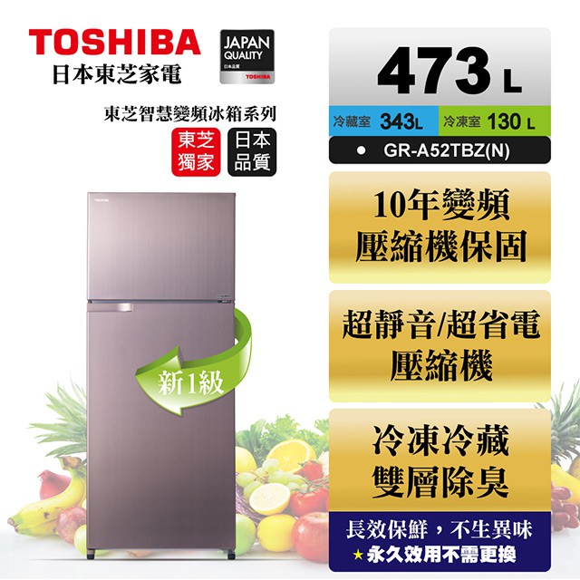 【TOSHIBA 東芝】473公升 雙門 變頻 冰箱 GR-A52TBZ (N)(含基本安裝+舊機移除)