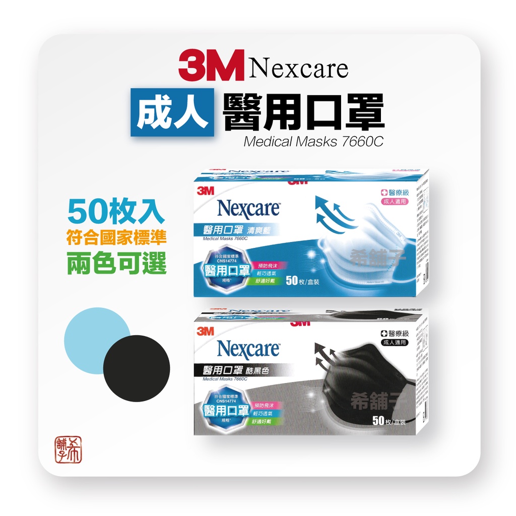 3M Nexcare 成人醫用口罩 藍色 / 黑色 一盒50枚入