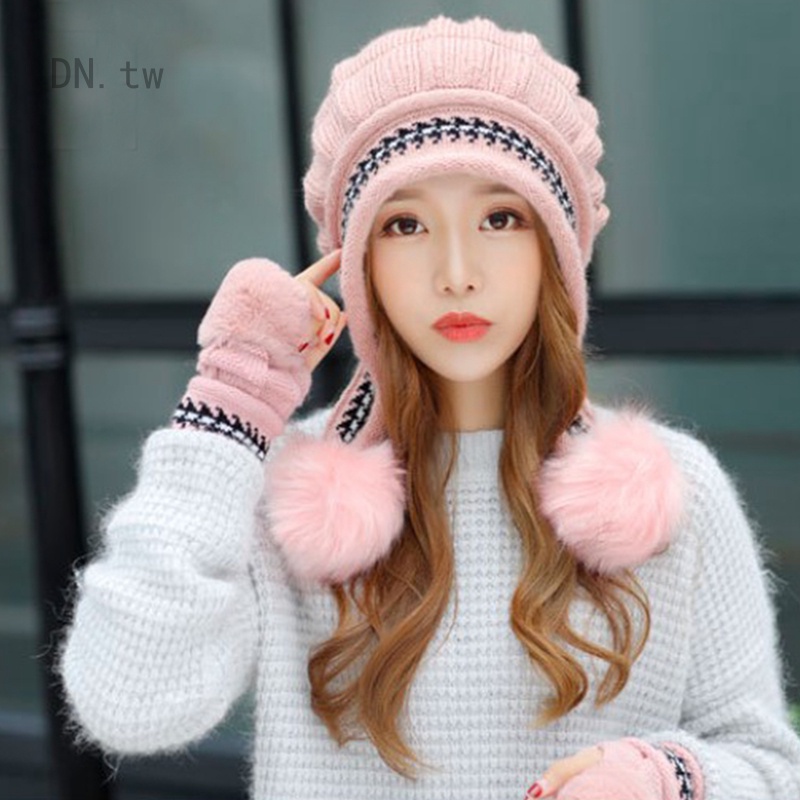 帽子女冬季加絨兔毛針織帽 保暖毛線帽 時尚加厚毛球護耳帽 貝雷帽