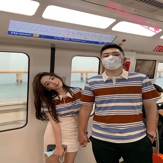【COUPLE】情侶💕裝2022夏季新款短袖T恤男復古條紋POLO衫連衣裙法式