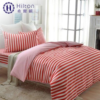 Hilton希爾頓 時尚條紋特級品300針織精梳棉單人床包被套3件組(紅白條紋BX003)