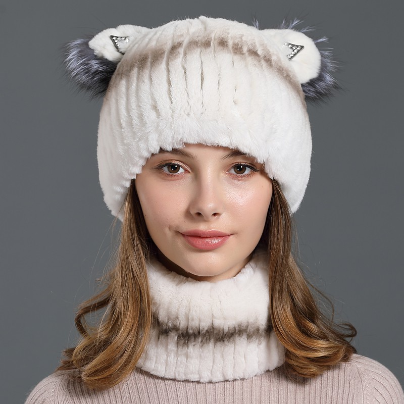 皮草帽子冬戶外出行保暖護耳獺兔毛帽子脖套圍脖套裝貓耳朵可愛女
