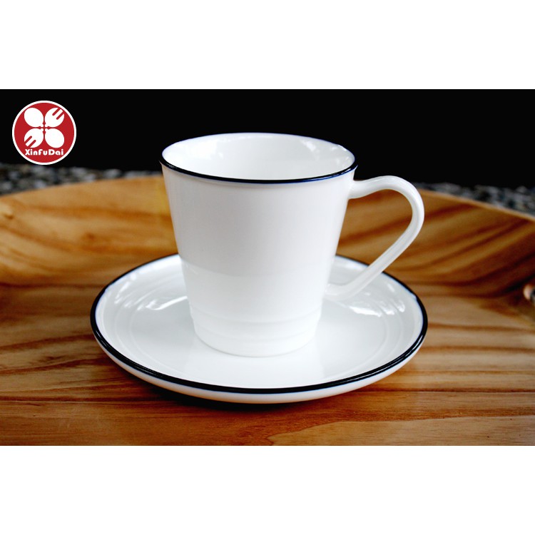 《興富大行》陶瓷餐廚具【藍邊簡約白瓷咖啡杯200CC】造型咖啡杯飲料杯早餐杯豆漿杯咖啡杯陶瓷杯牛奶杯