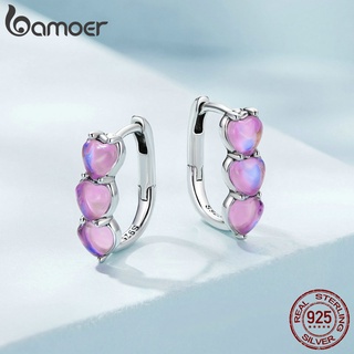 Bamoer 耳環 925 銀粉色心形女士時尚首飾韓國配飾