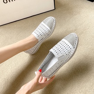 JC Shop【35-40#】韓系鏤空厚底水鑽鞋女真皮休閒鞋 女鞋 厚底水鑽真皮樂福鞋 懶人鞋 真皮小白鞋