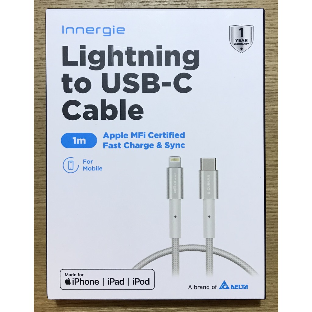 台達電Innergie L-C 1公尺 Lightning 對 USB-C 充電線 銀