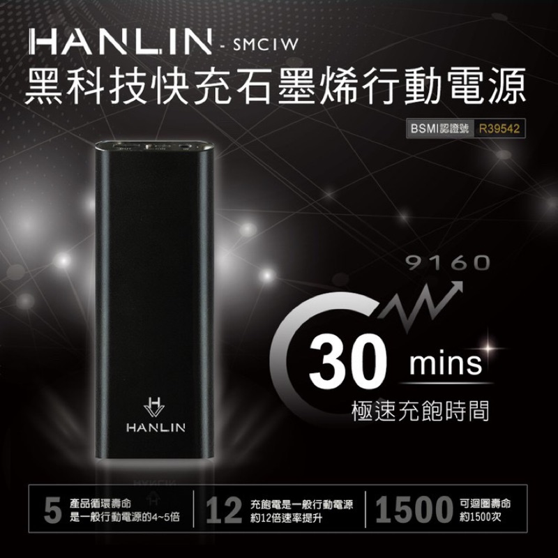 全新現貨｜HANLIN- SMC1W 黑科技30分快充石墨烯行動電源