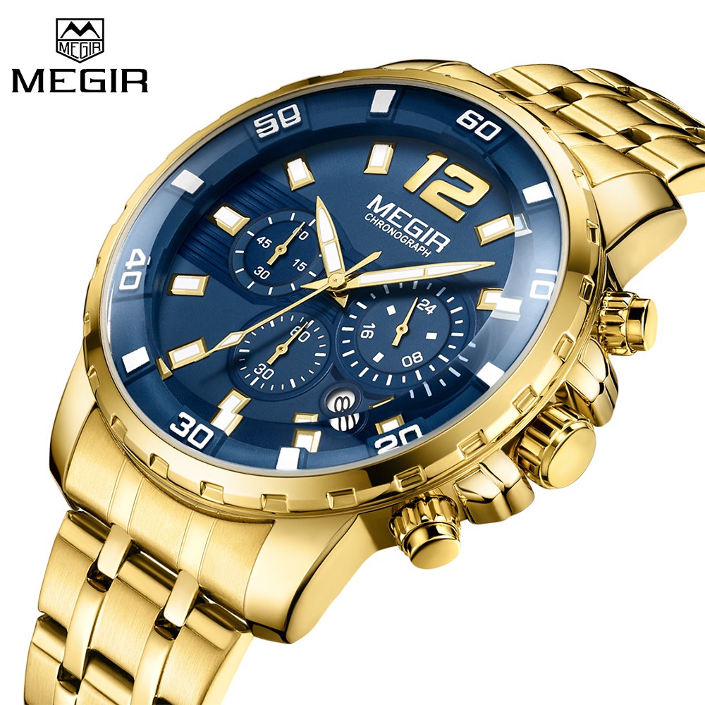 MEGIR 正品防水模擬不銹鋼石英男生手錶 夜光指針 三眼計時碼表 日曆手錶 奢華設計 2068