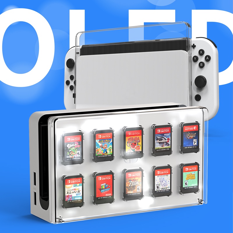 對於 Nintendo Switch OLED 充電器底座保護套, 帶遊戲卡存儲防塵 PC 硬殼, 用於 NS 遊戲盒