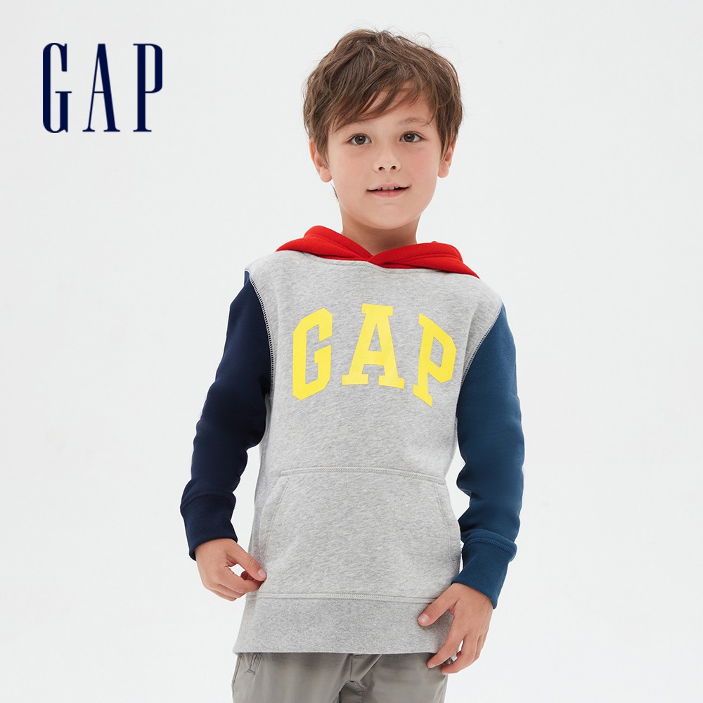 Gap 男童裝 Logo漸層長袖帽T-灰色拼接(615971)