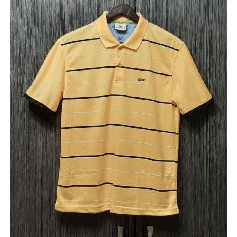 （法國製）正品LACOSTE拉科斯特 男黃色條紋短袖POLO衫5號