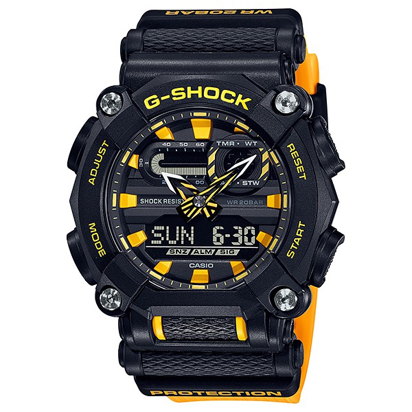 G-SHOCK 工業風設計 鬧鈴/計時碼錶/世界時區/防水200米雙顯電子錶 （黑X黃）_GA-900A-1A9