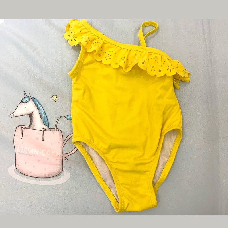 女嬰3-9m 斜肩荷葉領連身泳衣 亮黃色