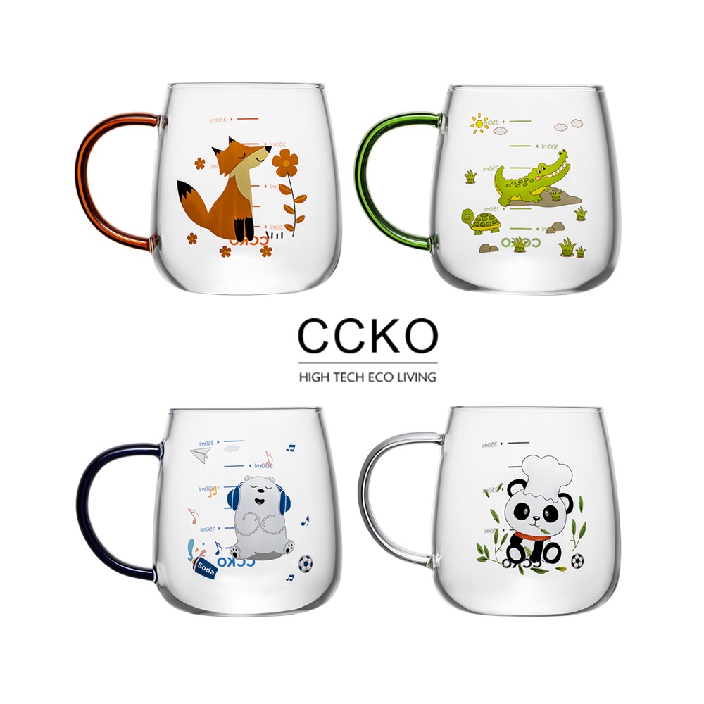 【CCKO】Q萌動物園 可愛動物玻璃杯 350ml 刻度玻璃杯 玻璃馬克杯 耐熱玻璃 把手玻璃杯