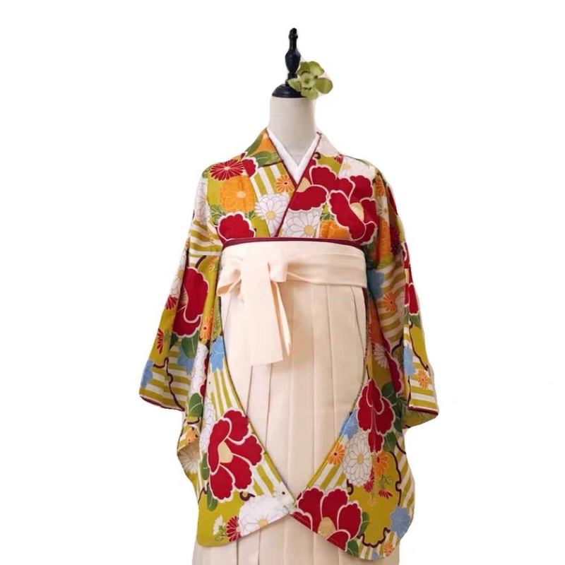 B 二尺袖 日本傳統和服 條紋山茶花楓葉短款畢業服