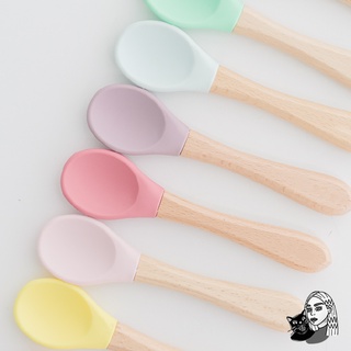 櫸木+矽膠 專用小湯匙 糖果色木柄勺 木柄勺 櫸木硅膠勺 矽膠勺 矽膠湯匙 餵食湯匙 小勺子 #6