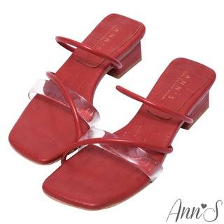 Ann’S透明帶mix細帶-粗跟方頭涼拖鞋4cm-紅