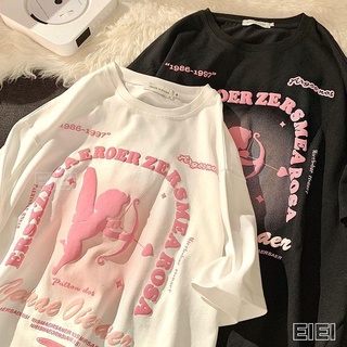EIEI 粉色 暈染 小眾設計 可鹽可甜上衣女 卡通丘比特短袖T恤女夏季2022新款韓版寬松百搭小眾設計學生上衣女 甜美