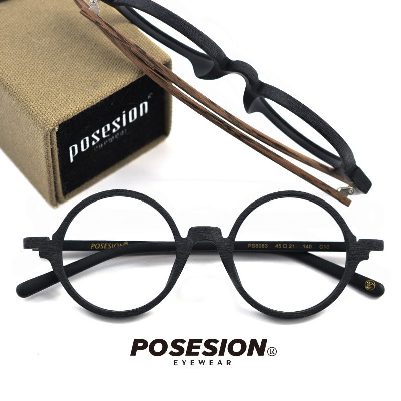Posesion手工木紋板材眼鏡框復古圓形近視眼鏡架男女款PS6083