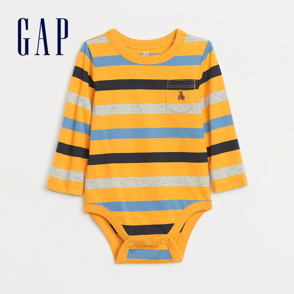 Gap 嬰兒裝 活力彩色條紋圓領長袖包屁衣 布萊納系列-黃色條紋(601448)