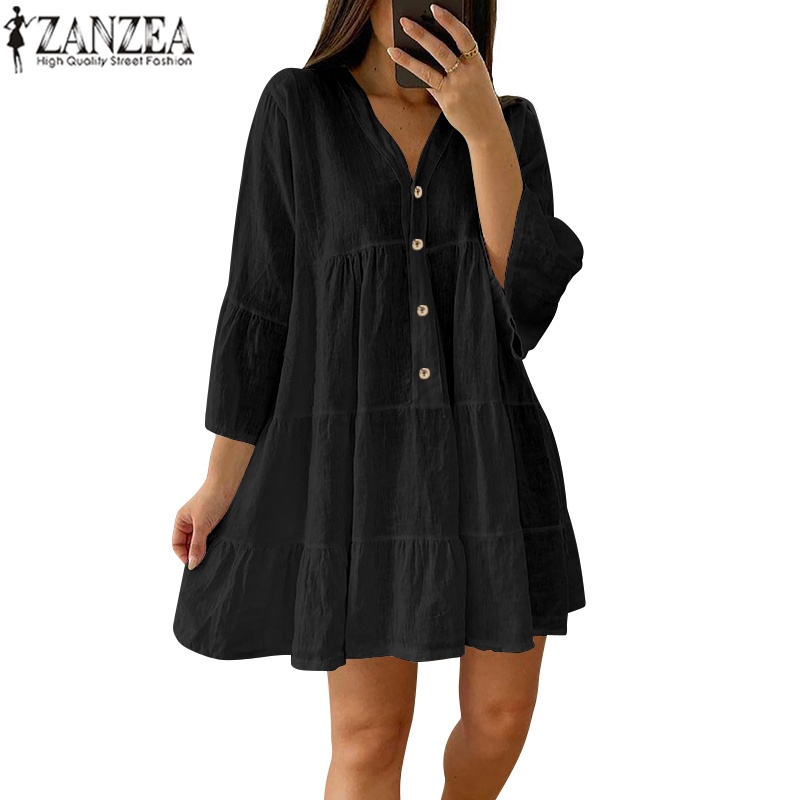 Zanzea 女士美國休閒 V 領 3 / 4 袖鈕扣多層拼接寬鬆短裙