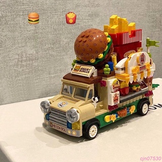 【Sunshine】 兼容樂高積木復古漢堡車冰淇淋車街景小顆粒拼裝治癒解壓玩具禮物