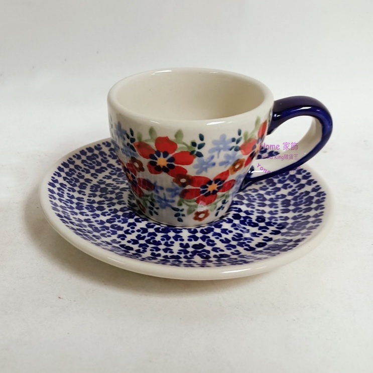 波蘭陶花茶杯組 濃縮咖啡杯 Espresso 個人收藏 鄉村風藍邊紅色花卉圖案 波蘭進口 單杯+單盤 雜貨王