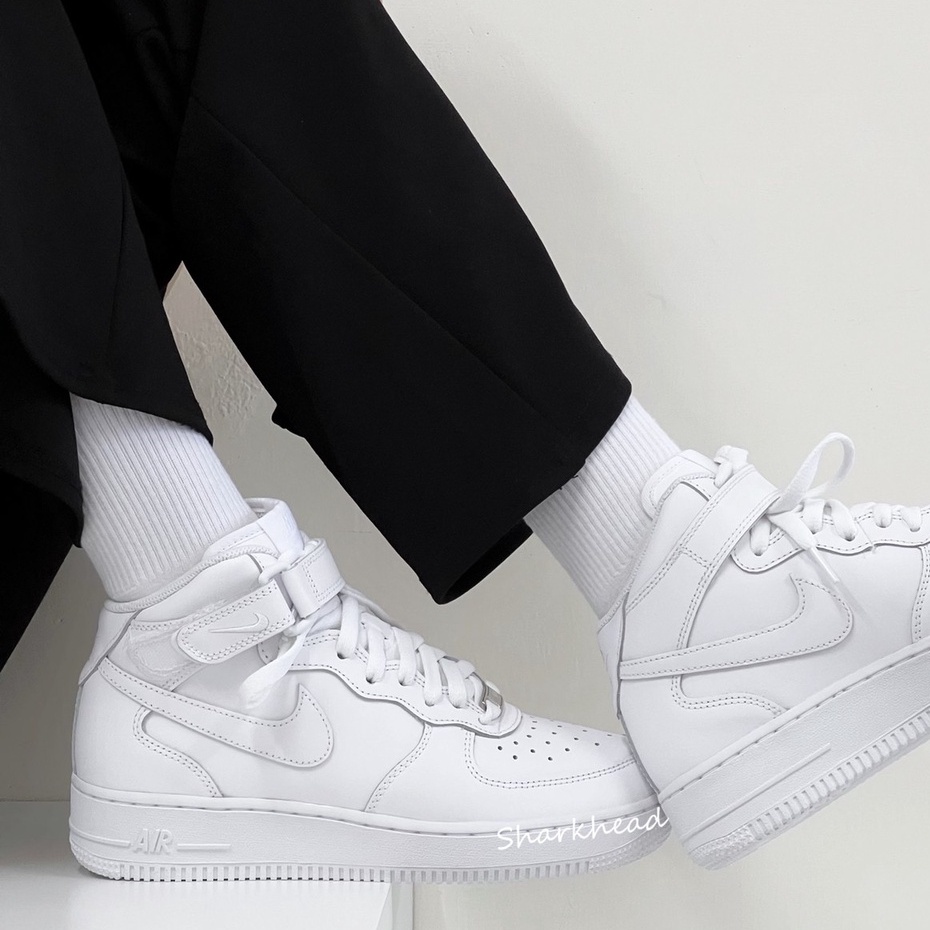 【Sharkhead】現貨 Nike Air Force 1 Mid 全白 中筒 魔鬼氈 大童 DH2933-111 白