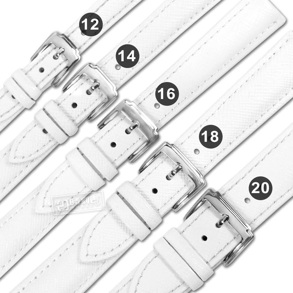 Watchband / 12.14.16.18.20 mm / 各品牌通用 真皮防刮壓紋錶帶 不鏽鋼扣頭 白色
