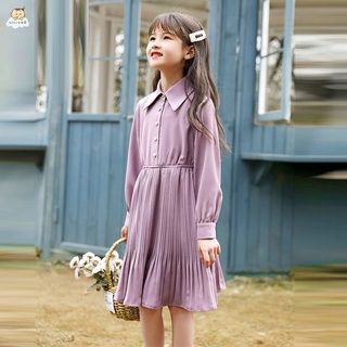 女童洋裝 女童公主裙 中大童連衣裙2021春裝新款洋氣時尚兒童紫色長袖打底裙春秋公主裙