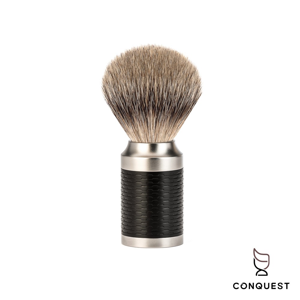 【 CONQUEST 】德國 MUHLE ROCCA 091M96 消光黑格紋不鏽鋼刮鬍刷 銀尖合成纖維 保水度極佳