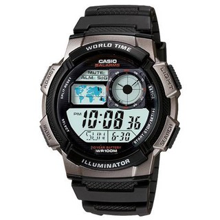 【CASIO】10年電力世界城市野外風格膠帶電子錶-灰框(AE-1000W-1B)正版宏崑公司貨