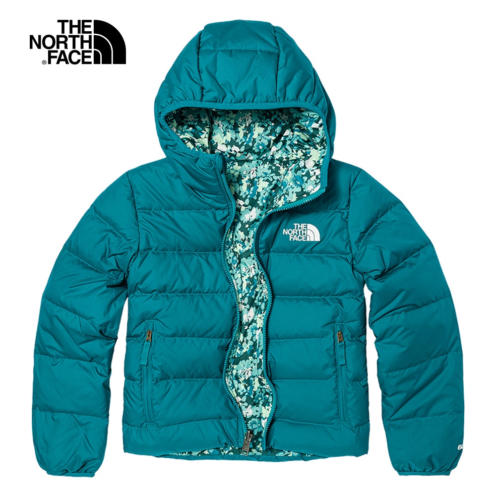 The North Face北面兒童藍綠色防潑水雙面穿保暖連帽羽絨外套｜7WQW2W9