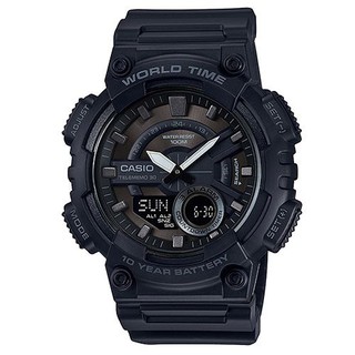 【CASIO】10年電力輪轉立體時刻造型雙顯錶-黑(AEQ-110W-1B)正版宏崑公司貨