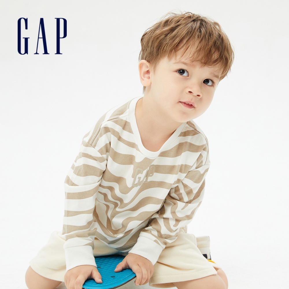 Gap 男幼童裝 純棉虎紋Logo/印花長袖T恤-白色(763255)