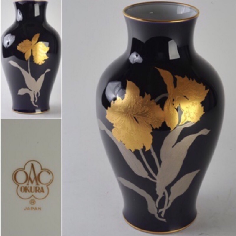 フルオーダー 希少 大倉陶園 瑠璃 金蝕バラ 特注品 花瓶 花器 金彩 銀