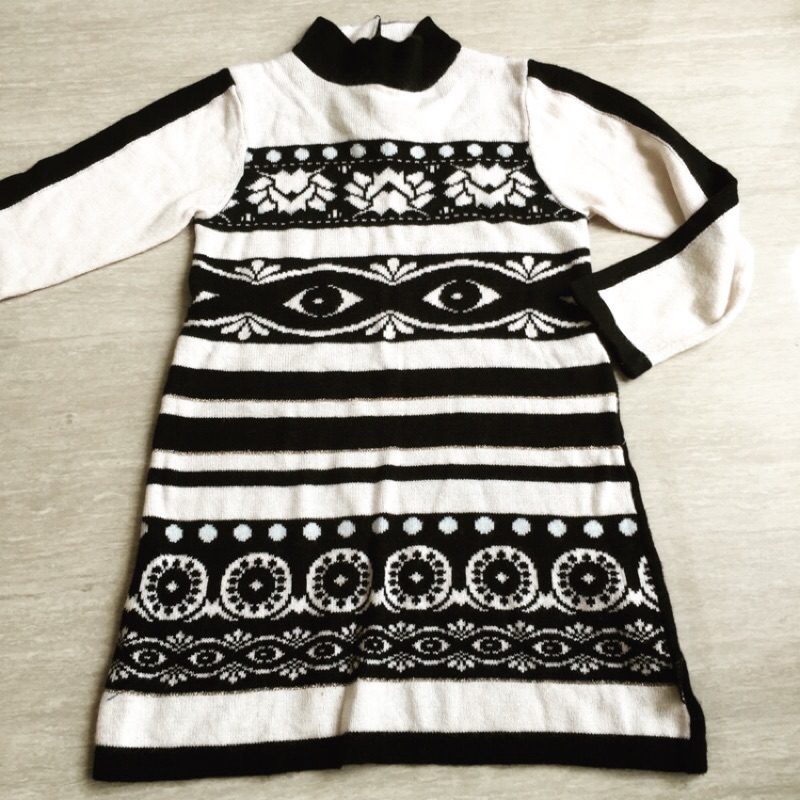 九成新 KENZO kids 民族風 黑白圖騰 針織氣質 長袖洋裝 2A/86CM 適合1-2歲 女童裝 保留中