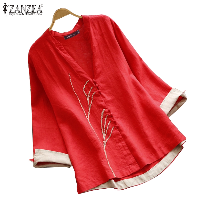 ZANZEA女裝寬鬆的3/4袖鈕扣式印花刺繡女襯衫