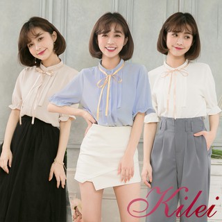 【Kilei】女裝 女生衣著 圓領全開釦綁帶短袖襯衫上衣XA4132(共3色)全尺碼